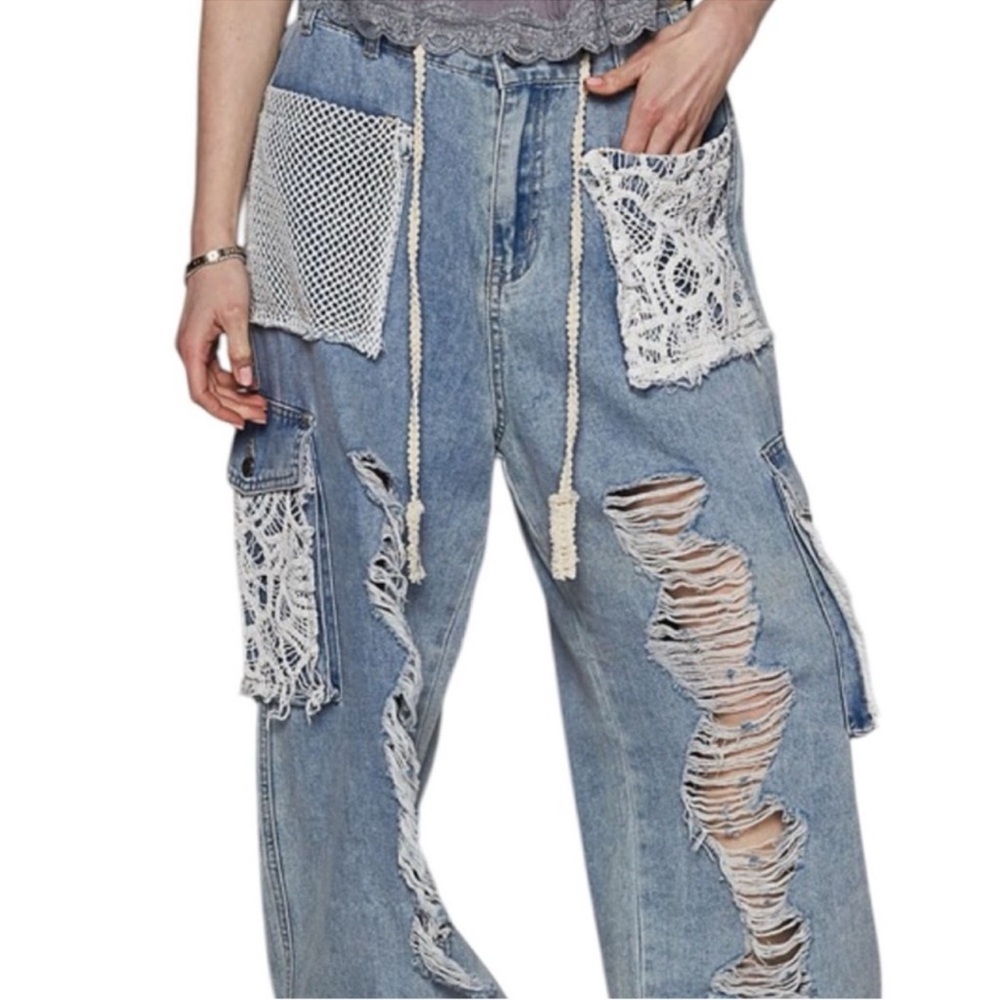 POL Light Blue Boyfriend Jeans with Lace Details